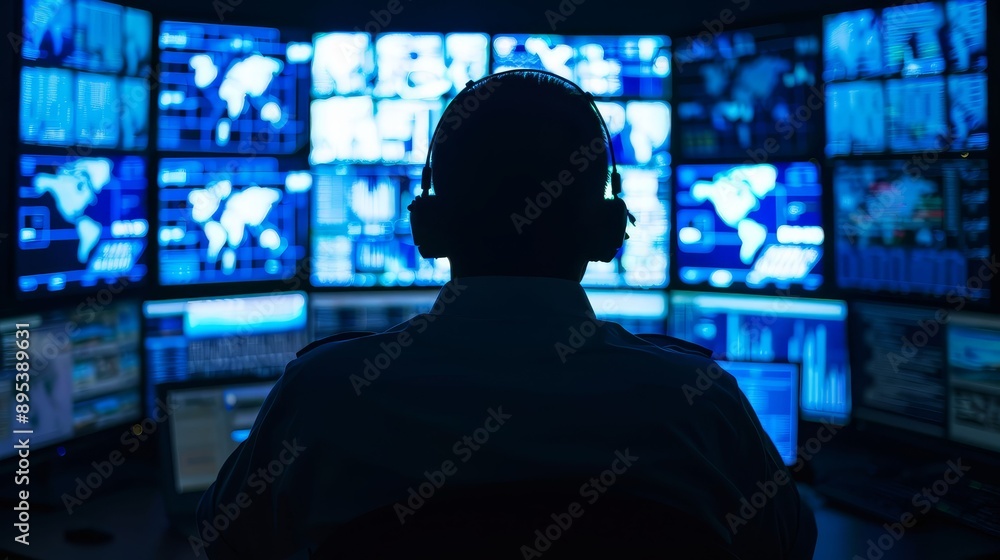 Cyber police officer monitoring screens in a dark control room, surveillance, cyber security Cyber police officer monitoring screens in a dark control room, surveillance, cyber security