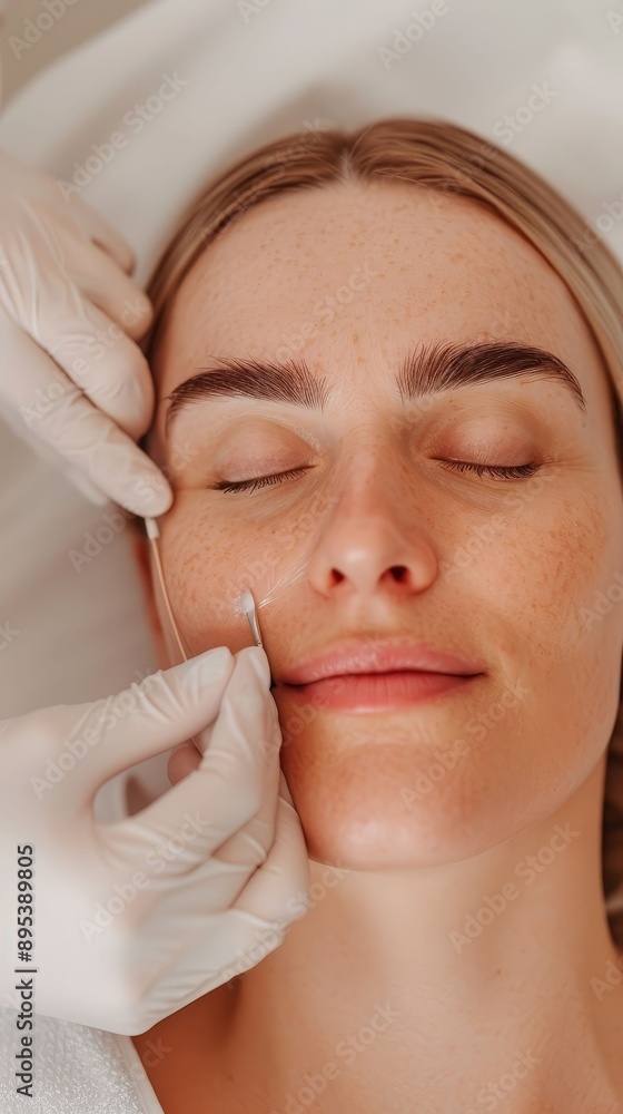 Client receiving an eyebrow shaping, beauty, salon service Client receiving an eyebrow shaping, beauty, salon service