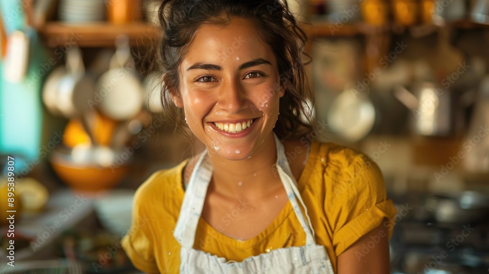 Smiling Woman Cooking in Rustic Kitchen Wearing Apron and Yellow Shirt Smiling Woman Cooking in Rustic Kitchen Wearing Apron and Yellow Shirt