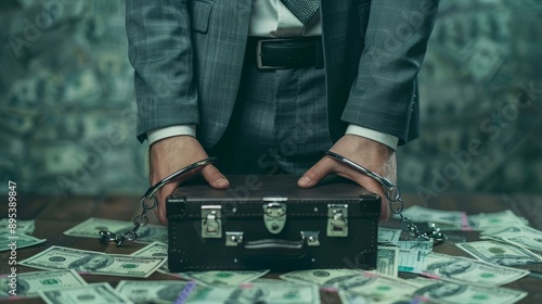 Businessmans hands handcuffed to a briefcase full of money, crime, corruption