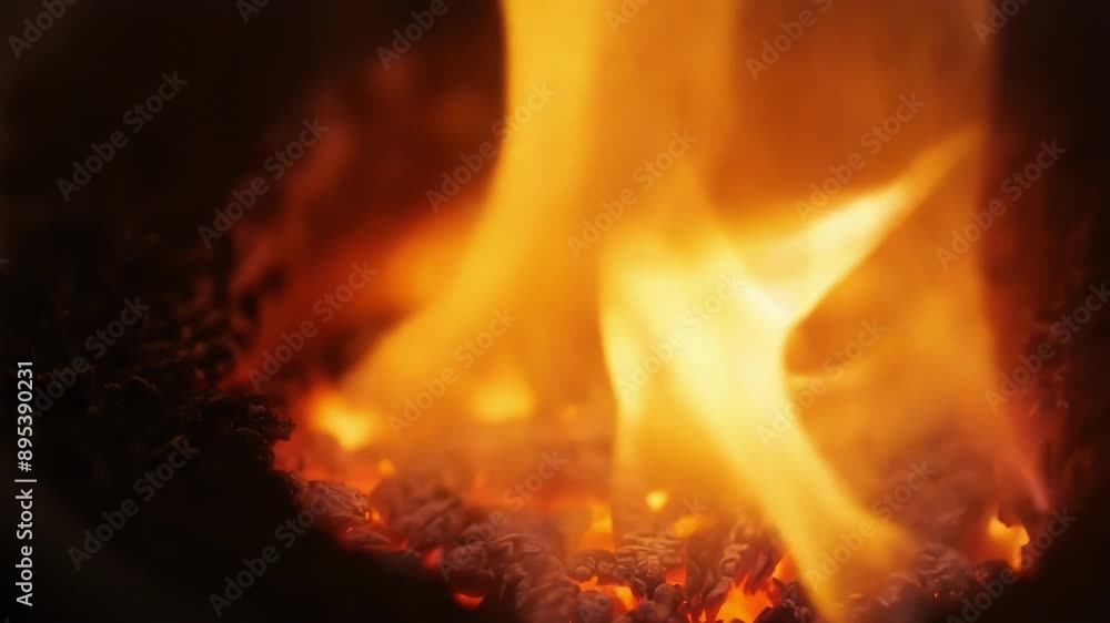 Closeup shot of tiny sparks igniting a larger flame creating a chain reaction of heat and energy. Closeup shot of tiny sparks igniting a larger flame creating a chain reaction of heat and energy.