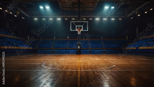 Empty basketball court under intense dramatic lighting