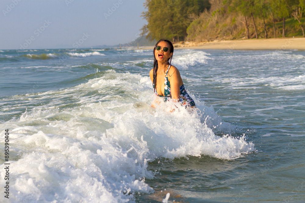 Woman body big with swimsuit relax at beach Woman body big with swimsuit relax at beach