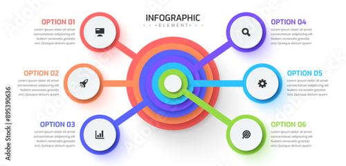 Flowchart Infographic with 6 Circle Label Connected to Main Circle, Suitable for Workflow, Presentation, Diagram, Chart