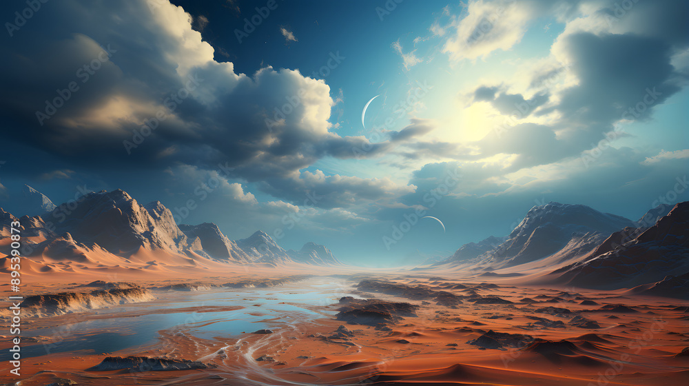 Naklejka premium A panoramic view of a desert landscape with mountains and a river, set against a bright blue sky with clouds and a crescent moon.