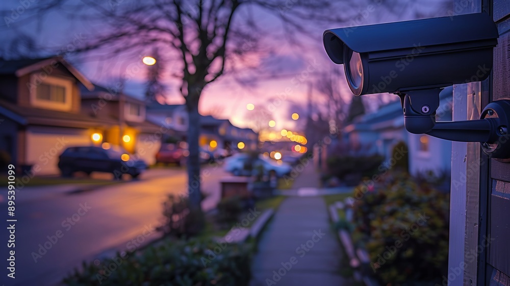 Surveillance camera overlooking a suburban street at dusk Surveillance camera overlooking a suburban street at dusk