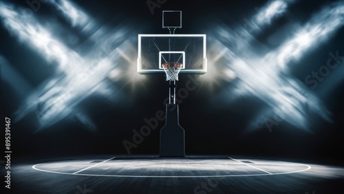 Empty basketball court under intense dramatic lighting