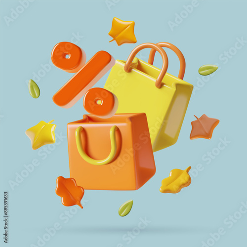 Autumn offer, sale and discount concept 3d vector design with big percent sign, shopping bags and flying fall leaves. Vibrant orange and yellow three dimensional realistic banner on green background.