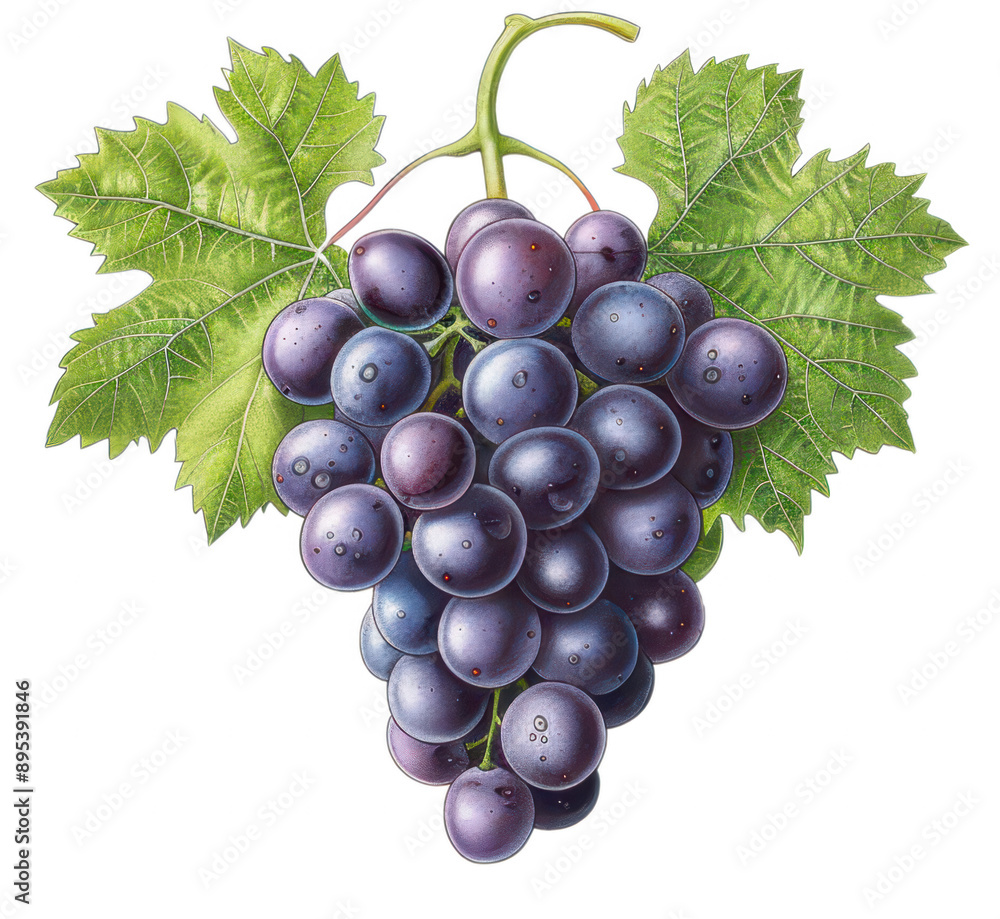 Fototapeta premium A detailed illustration of a bunch of purple grapes on green leaves, showcasing vibrant colors and natural beauty.
