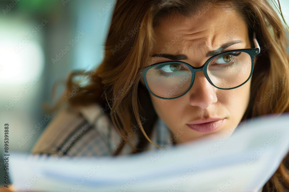 Businesswoman analyzing complex paperwork with a furrowed brow in a close-up shot. Businesswoman analyzing complex paperwork with a furrowed brow in a close-up shot.