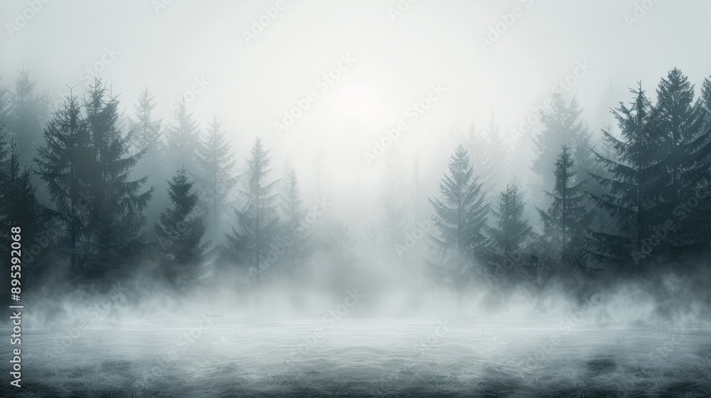 Naklejka premium A foggy forest with trees and a misty sky