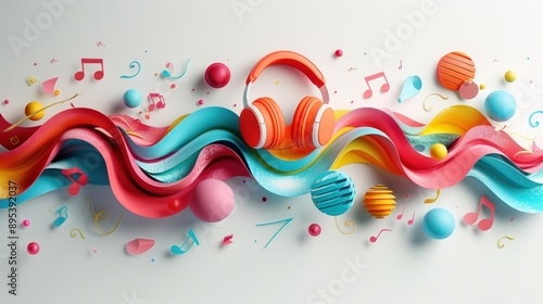 A creative 3D illustration showcasing a variety of music-themed objects, including headphones, musical notes, and abstract sound waves, all rendered in vivid colors. The objects are arranged against