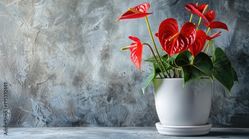 Heart-shaped Anthurium in white pot on gray background symbolizes hospitality photo