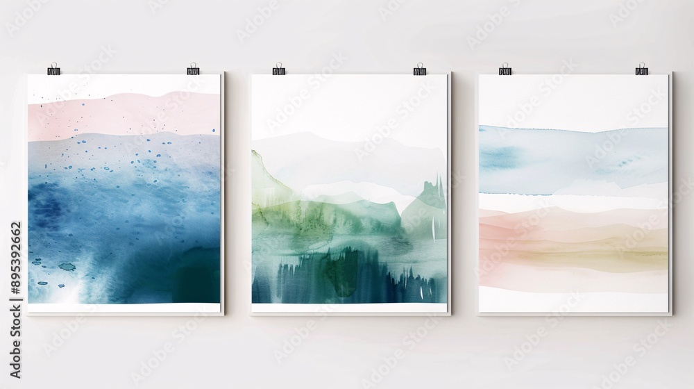 Fototapeta premium Three minimalistic abstract art posters with watercolor designs, arranged horizontally on a white wall. The posters highlight gentle washes of blue, green, and pink, blending seamlessly to form a