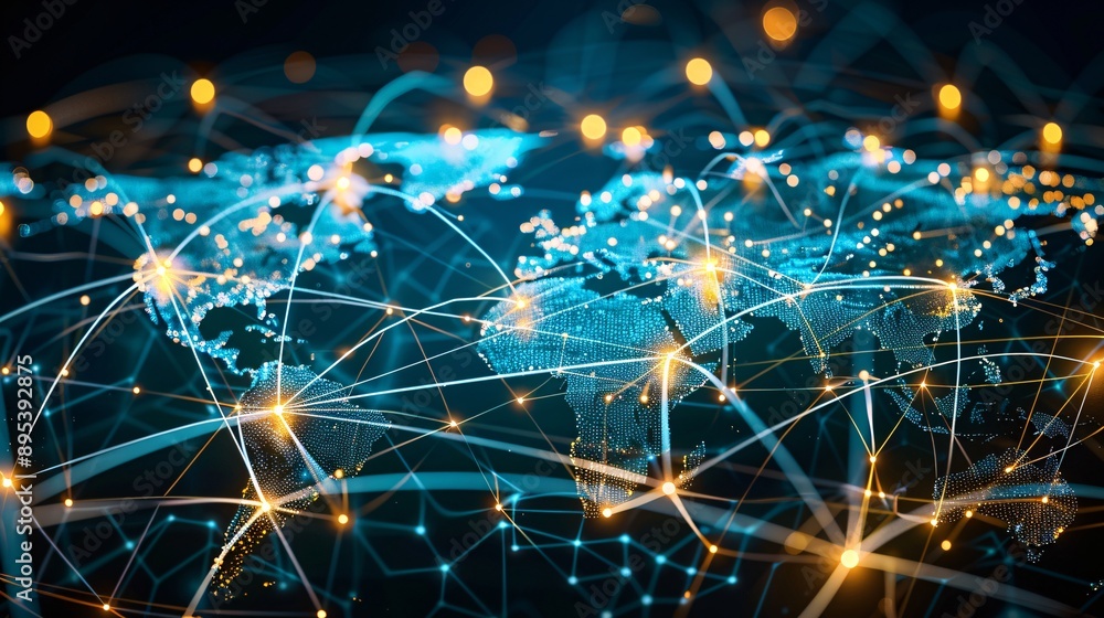 An abstract global map highlighting data transfer and connectivity, with interconnected lines and bright nodes symbolizing cyber technology and telecommunication. The design focuses on the seamless An abstract global map highlighting data transfer and connectivity, with interconnected lines and bright nodes symbolizing cyber technology and telecommunication. The design focuses on the seamless