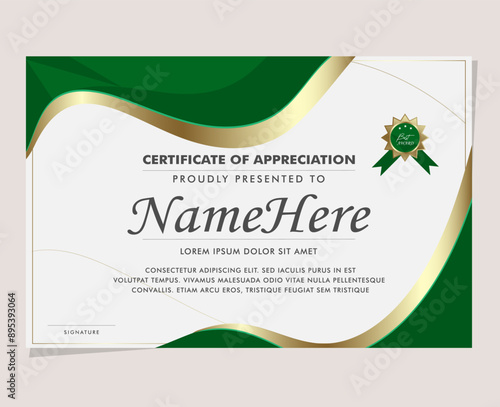 Emerald green and gold frame. certificate of appreciation template, elegant golden ribbon border, frame, card, invitation and achievement award photo