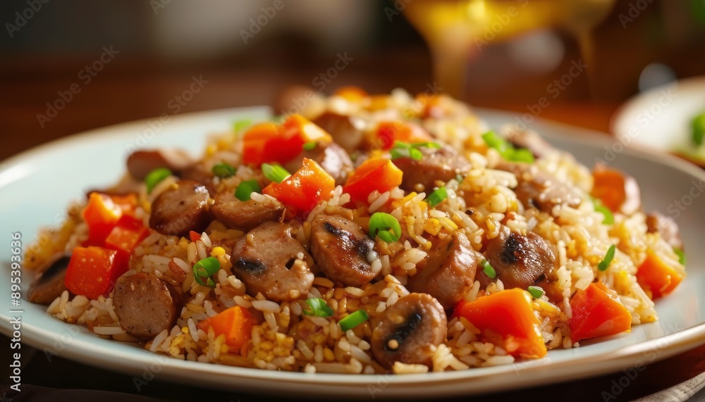 Sausage fried rice with tomatoes, carrots and shiitake mushrooms on the plate Sausage fried rice with tomatoes, carrots and shiitake mushrooms on the plate