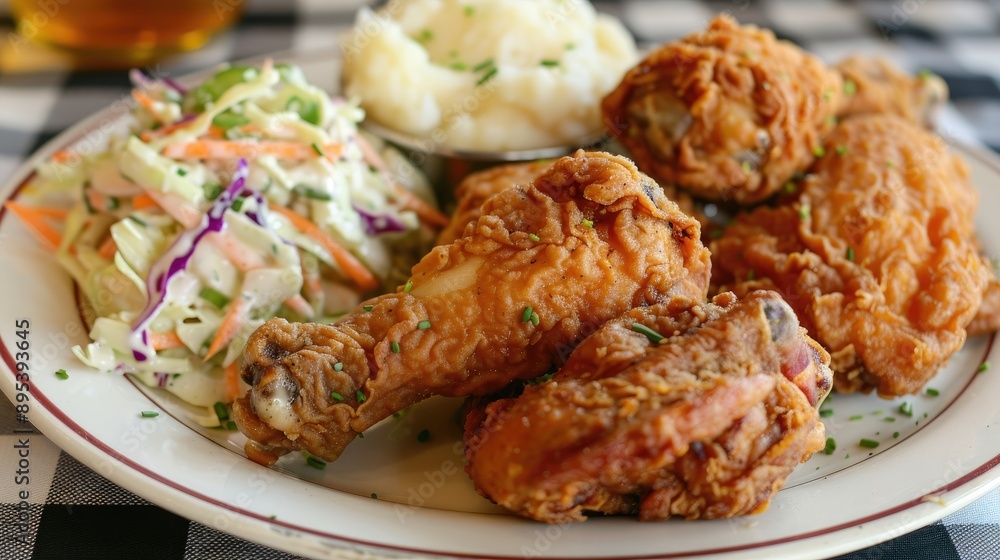 Crispy Fried Chicken with Mashed Potatoes and Coleslaw. Crispy Fried Chicken with Mashed Potatoes and Coleslaw.