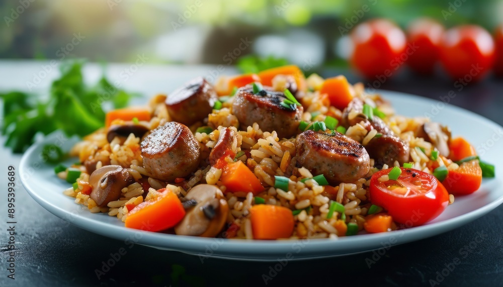 Sausage fried rice with tomatoes, carrots and shiitake mushrooms on the plate Sausage fried rice with tomatoes, carrots and shiitake mushrooms on the plate