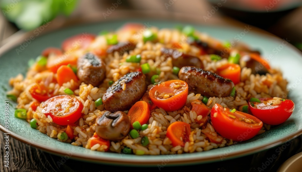 Sausage fried rice with tomatoes, carrots and shiitake mushrooms on the plate Sausage fried rice with tomatoes, carrots and shiitake mushrooms on the plate
