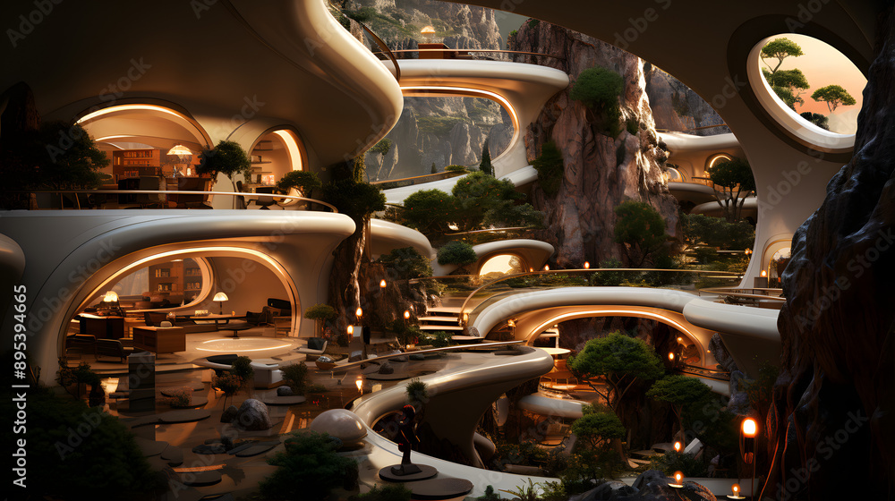 Fototapeta premium A futuristic home is built into a mountainside, with winding walkways and balconies overlooking a valley.