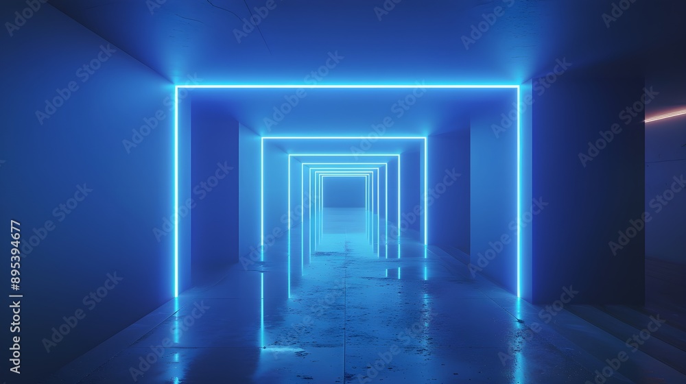 Elongated cubes made of minimal style blue glowing neon lines, floor and walls, aesthetic Elongated cubes made of minimal style blue glowing neon lines, floor and walls, aesthetic