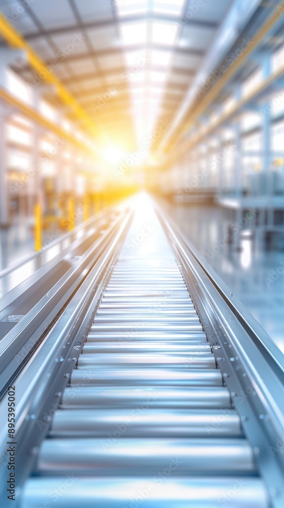 Fototapeta premium A long, empty train track with a bright sun shining through the windows