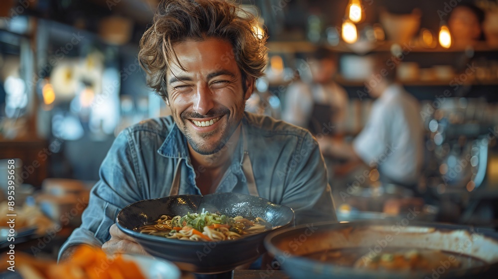 Man Enjoying a Bowl of Ramen in Warm Light Man Enjoying a Bowl of Ramen in Warm Light