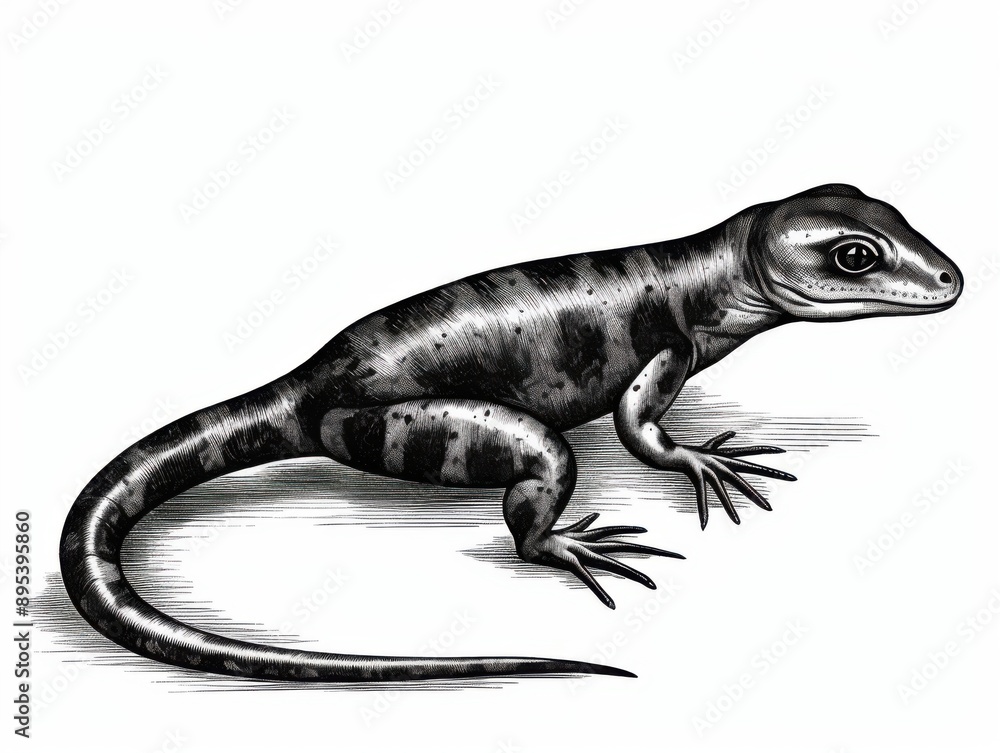 Fototapeta premium Black and white Vintage engraved art of a salamander isolated on white background, ink sketch illustration, simple vector art design, highly detailed line art, high contrasty