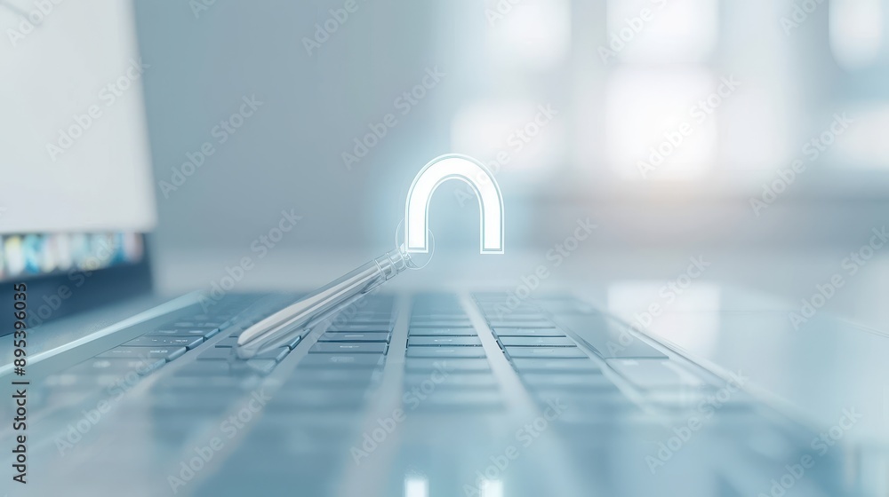 A laptop keyboard with a stylus on it and a blue arrow on the screen A laptop keyboard with a stylus on it and a blue arrow on the screen