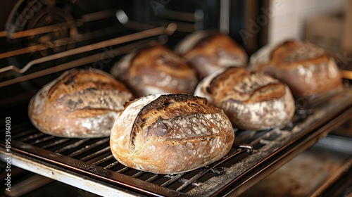 Artisan bread being baked in a traditional oven, rustic baking, handcrafted loaves photo