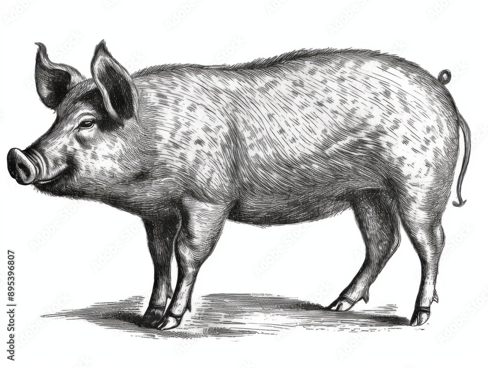 Fototapeta premium Black and white Vintage engraved art of a pig isolated on white background, ink sketch illustration, simple vector art design, highly detailed line art, high contrasty 