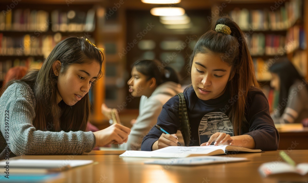 Two Young Women Studying in a Library. Two Young Women Studying in a Library.