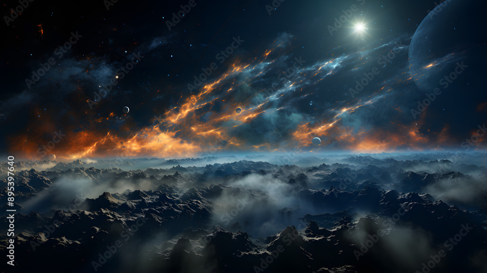 A breathtaking view of a distant planet, illuminated by a radiant star. The landscape is a rugged mountainous terrain, bathed in the soft glow of an ethereal sunset. A breathtaking view of a distant planet, illuminated by a radiant star. The landscape is a rugged mountainous terrain, bathed in the soft glow of an ethereal sunset.