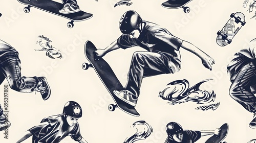 Hand drawn skateboarding seamless pattern. skateboard background. Skateboarding doodle illustration. Vector illustration. 