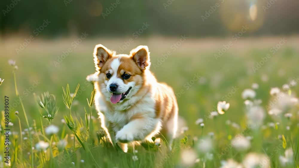 Spring Playtime: Corgi Puppy in Blooming Clover Field Spring Playtime: Corgi Puppy in Blooming Clover Field