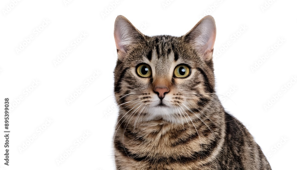 Closeup portrait happy tabby cat sitting isolated on white background. Closeup portrait happy tabby cat sitting isolated on white background.