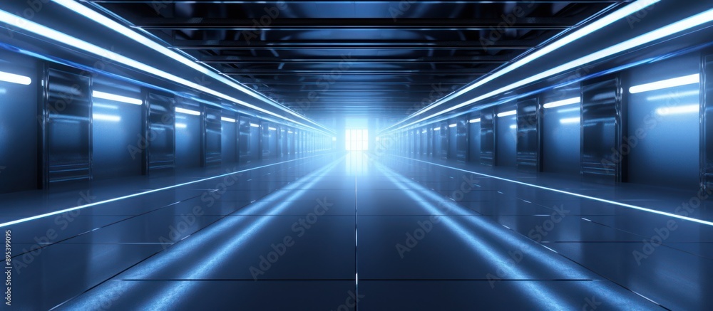 Futuristic Blue Neon Corridor with Reflective Floor Futuristic Blue Neon Corridor with Reflective Floor