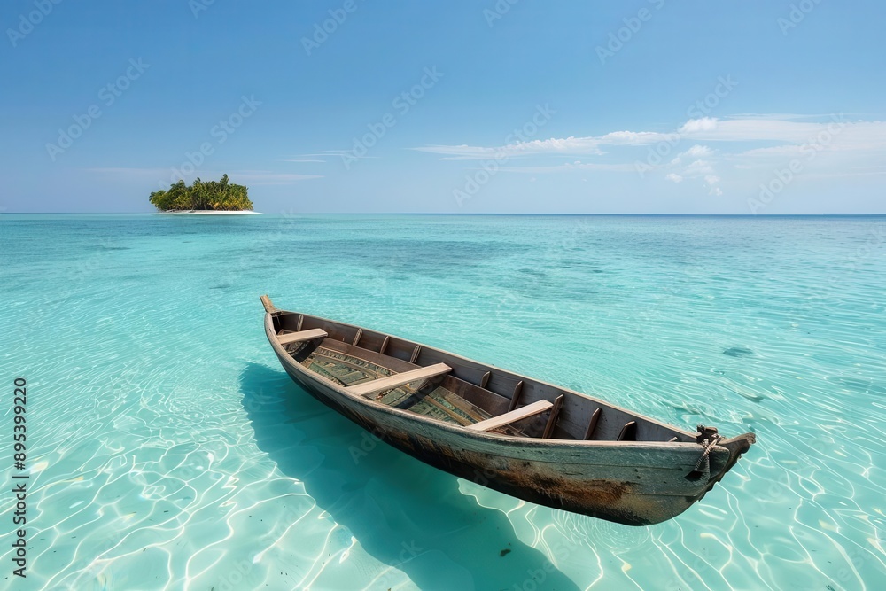 A serene wooden boat floats on clear turquoise waters with a small island in the distance under a bright blue sky. A serene wooden boat floats on clear turquoise waters with a small island in the distance under a bright blue sky.