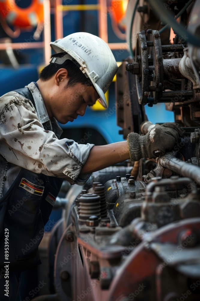 Asian seafarer conducting maintenance on deck machinery, Generative AI Asian seafarer conducting maintenance on deck machinery, Generative AI