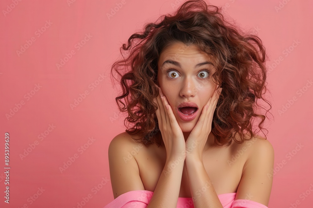 Surprised woman with curly hair in pink background. Expressive facial expression, hands on face. Candid emotion concept, bright studio shot. Surprised woman with curly hair in pink background. Expressive facial expression, hands on face. Candid emotion concept, bright studio shot.