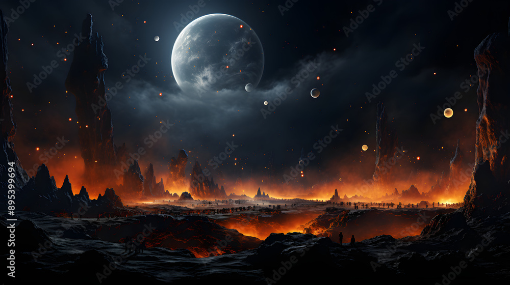 A fiery alien landscape with a large moon and a glowing red horizon. The image evokes a sense of wonder and mystery. A fiery alien landscape with a large moon and a glowing red horizon. The image evokes a sense of wonder and mystery.