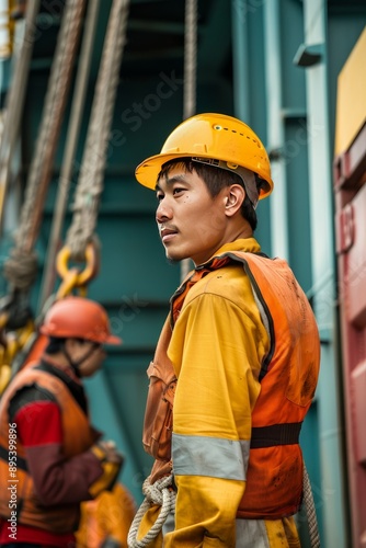 Asian seafarer disembarking from a vessel at port, Generative AI photo