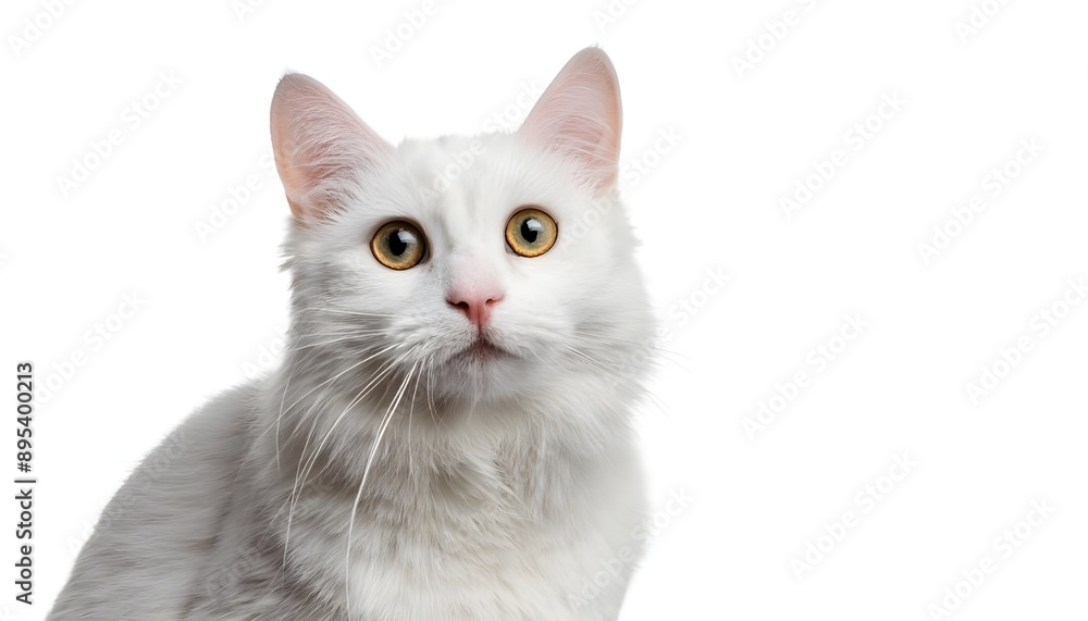 Closeup portrait happy white cat sitting isolated on white background. Closeup portrait happy white cat sitting isolated on white background.