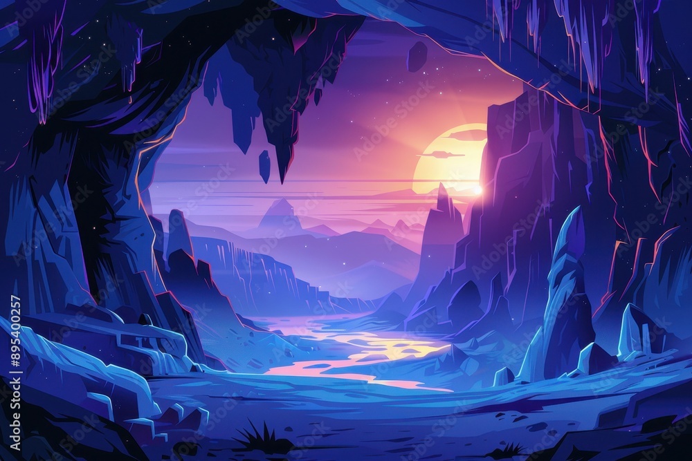 Mystical alien landscape with glowing river and vibrant sunset Mystical alien landscape with glowing river and vibrant sunset