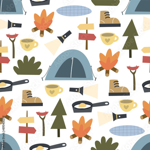 Seamless pattern with camping elements. Colorful vector flat style. hand drawing. design for fabric, print, wrapper, textile
