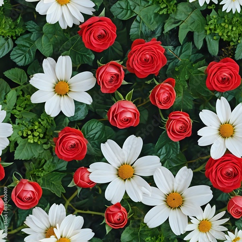 Floral Seamless Pattern: Beautiful Bouquet of Red Roses and White Daisies