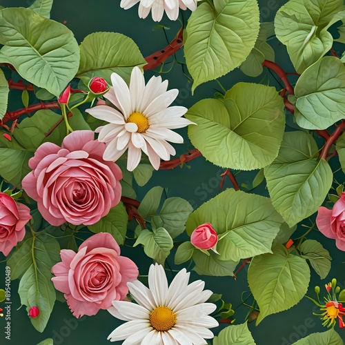 Seamless Floral Design with Daisies and Pink Roses