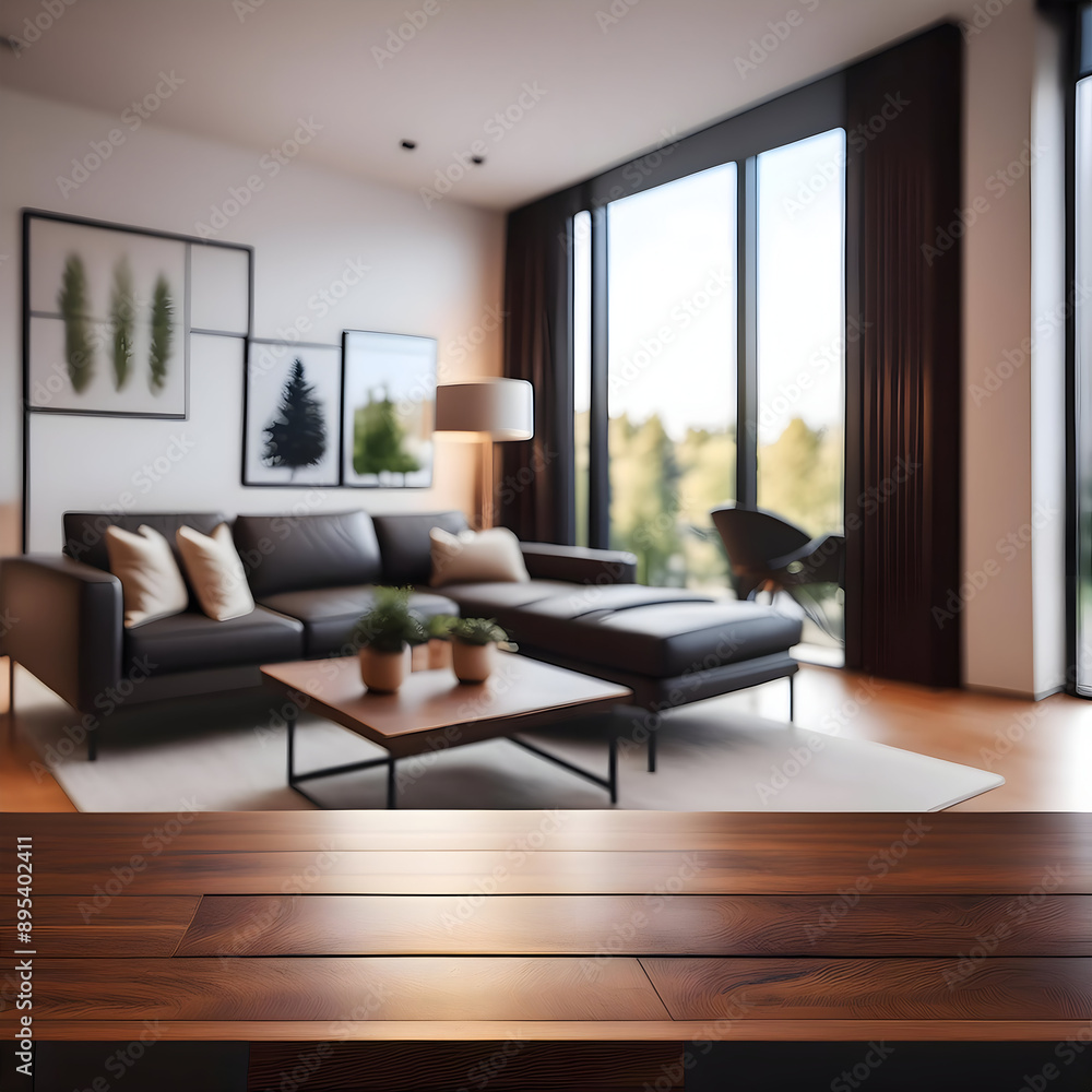 a modern living interior featuring a dark wood table with a blurred modern apartment living room in the background. Highlight the sleek and contemporary design. a modern living interior featuring a dark wood table with a blurred modern apartment living room in the background. Highlight the sleek and contemporary design.