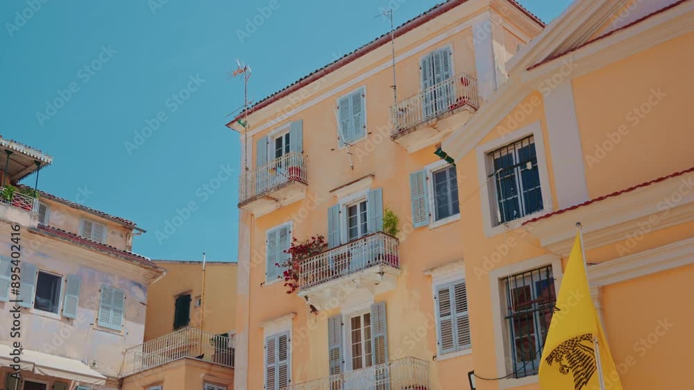 Close up shot of the beautiful old buildings of Corfu, in Greece. Historic Venetian style buildings. Close up shot of the beautiful old buildings of Corfu, in Greece. Historic Venetian style buildings.
